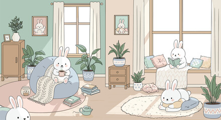 Cute cozy room interior illustration with adorable bunnies relaxing, reading, drinking tea, plants, furniture, soft colors, and warm aesthetic decoration