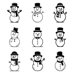 A set of cheerful snowman characters with hats and scarves representing winter fun, holiday cheer and classic seasonal charm.