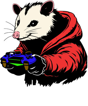 Opossum in Hoodie Playing with Controller | Gamer Vector Illustration