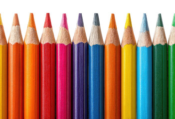 Close-up of colorful pencils in a row.  Sharp points aligned. Vivid hues