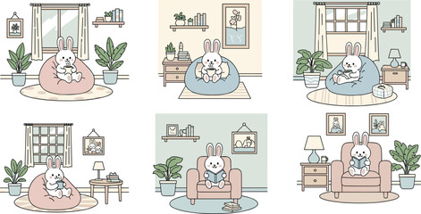 Cute cozy interior illustration set featuring adorable bunnies relaxing on chairs and beanbags with plants, books, soft colors, and warm home decor