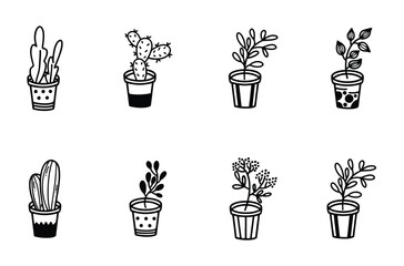 Illustration showing a collection of potted plants including cacti and leafy plants in various pots