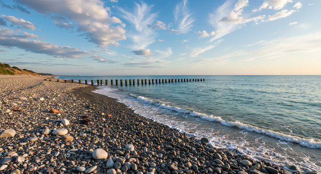 Peaceful coastline with smooth pebbles and gentle waves at sunset  