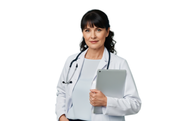 a portrait of a mature female doctor holding a tablet and wearing a white coat with a stethoscope presenting a professional demeanor on