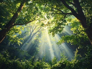 Sunlight explosion illuminating forest floor nature scene light and shadow play serene environment captivating viewpoint