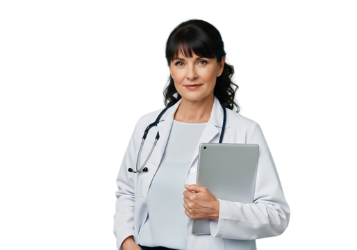 a portrait of a mature female doctor holding a tablet and wearing a white coat with a stethoscope presenting a professional demeanor on