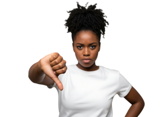 a young african woman with an afro hairstyle displaying a clear gesture of disapproval with a thumbs down on transparent background high quality