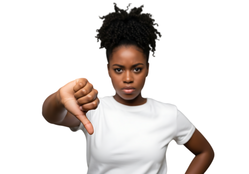 a young african woman with an afro hairstyle displaying a clear gesture of disapproval with a thumbs down on transparent background high quality