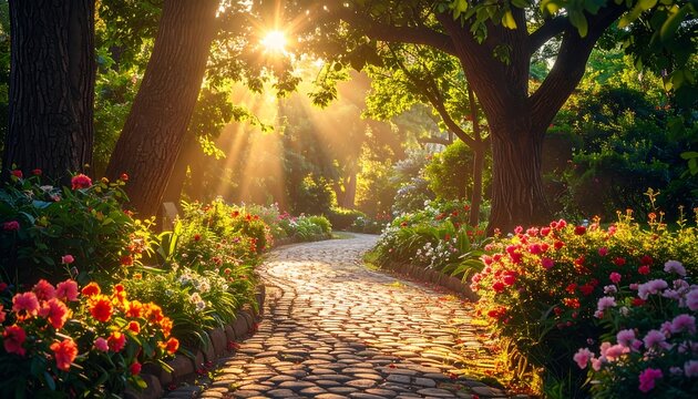 Sunlit stone path winding through lush garden, trees, and blooming colorful flowers bathed in warm golden light