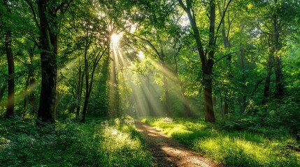 Fototapeta premium Soft sunlight breaks through the dense canopy of green leaves illuminating a winding path in a tranquil forest during the early morning hours.