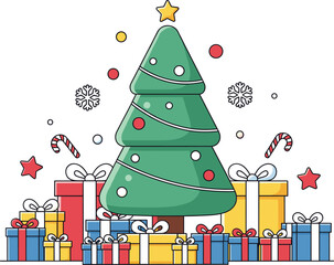 Modern Christmas Tree with Pile of Gifts Vector Illustration, Holiday Presents and Festive Decoration