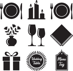 Black and White Silhouette Illustration of Wedding Table Objects Plates Candles Cutlery Wine Glass Napkin Flower Vase Gift Box Menu Card Name Tag