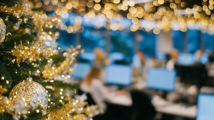 310Macro view of ornaments and lights on office Christmas tree, softly focused corporate employees typing on computers behind, creating holiday-work balance vibe