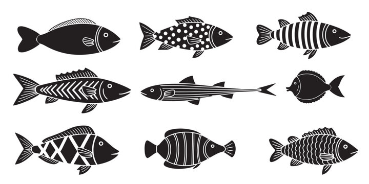 Black and white linocut illustration of a fish collection on a white background
