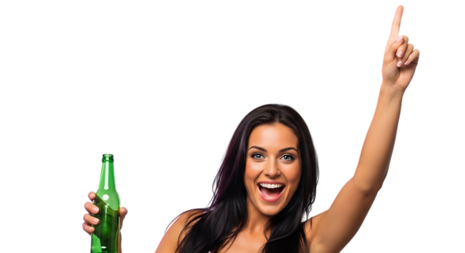 a beautiful young woman with long dark hair smiling happily while holding a green bottle and pointing upwards on transparent background high quality