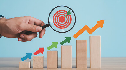 Hand Holding Gold Magnifying Glass Over Glowing Target and Upward Arrow with Wooden Block Bar Graph Showing Successful Business Growth Strategy and Goal Achievement