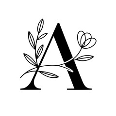 Black floral alphabet, botanical monogram vector letters with black line art flowers, leaves and thorns
