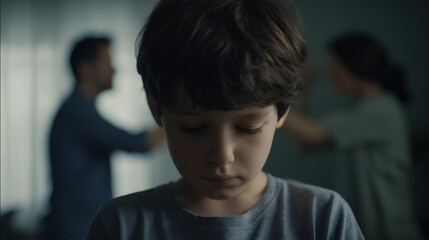 Close up of a sad child with his parents arguing in the background