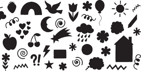 Black and white doodle set with assorted shapes and nature elements