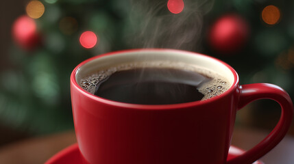 Close up of a steaming red coffee mug with a blurred Christmas tree in the background