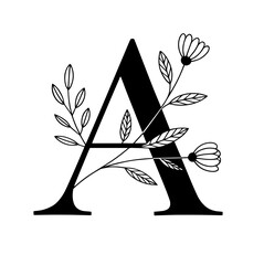 Black floral alphabet, botanical monogram vector letters with black line art flowers, leaves and thorns

