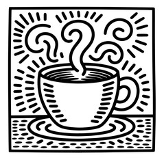 Continuous thin line coffee cup with smoke vector illustration, minimalist sketch doodle for cafe.
