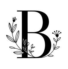 Black floral alphabet, botanical monogram vector letters with black line art flowers, leaves and thorns
