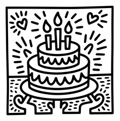 Vector line art of a small birthday cake with a single candle and round toppings on a plate
