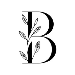 Black floral alphabet, botanical monogram vector letters with black line art flowers, leaves and thorns
