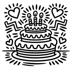 Vector line art of a small birthday cake with a single candle and round toppings on a plate
