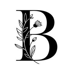 Black floral alphabet, botanical monogram vector letters with black line art flowers, leaves and thorns
