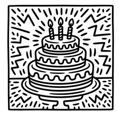 Vector line art of a small birthday cake with a single candle and round toppings on a plate

