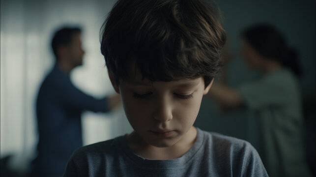 Close up of a sad child with his parents arguing in the background