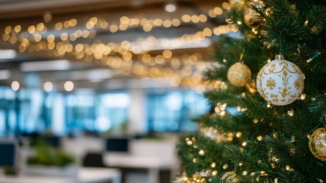314Close-up of ornaments on Christmas tree in workplace, tiny lights and festive details highlighted, office workers and desks softly blurred behind, seasonal corporate setting