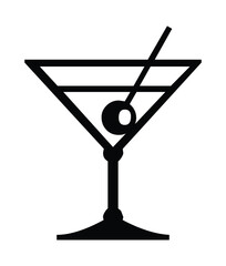 Illustration of a classic martini glass with an olive on a stick in black and white simple design