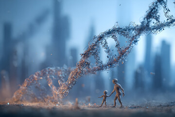 Futuristic scene with dna double helices and wireframe figures in a cityscape