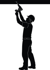 Construction Worker Silhouette Drilling Overhead Using Power Tool Ceiling Installation