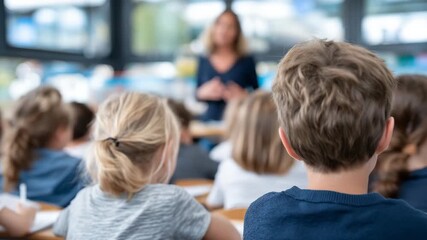 319Elementary school classroom scene, group of children sitting at desks listening attentively to teacher at front, view from behind students, bright natural light streaming through w - Powered by Adobe