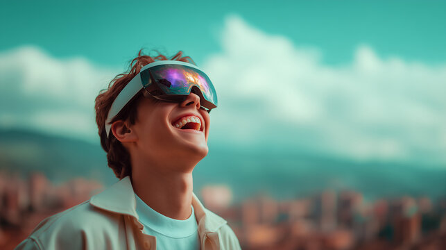 Happy young man wearing futuristic virtual reality goggles outdoors with copy space