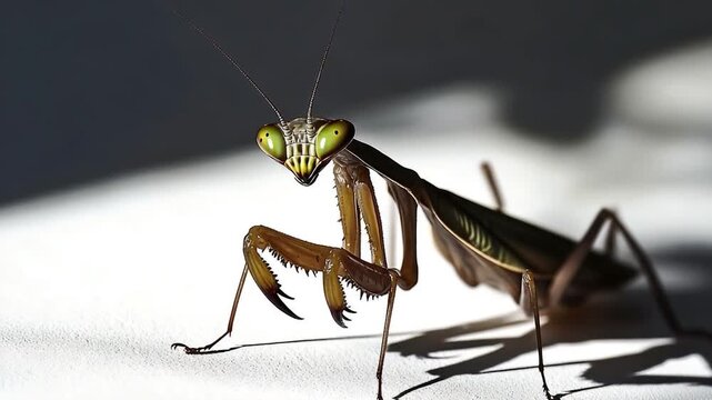 Close-up shot of a praying mantis on a white surface