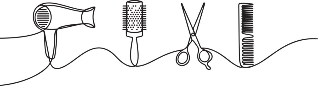 Continuous one line design of hair care equipment. Minimalist style vector. one line Icon drawing with white background