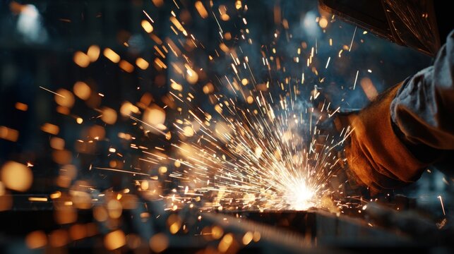 A skilled worker uses a welding tool in a bright workshop creating a cascade of sparks. The atmosphere is filled with focus and energy as metal is shaped into form.