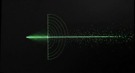 Green radar screen displaying a beam and scattered particles on black technology