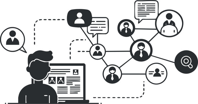 Modern flat design vector illustration depicting digital communication and social networking concepts with user profiles and laptop interface