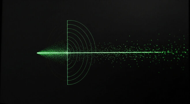 Green radar screen displaying a beam and scattered particles on black technology