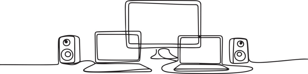 laptops, monitors, and sound one line. Electronic tools. Abstract minimal continuou. one line Icon drawing with white background