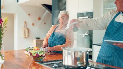 Tablet, cooking and help with old couple in kitchen for bonding, food blog tutorial and ingredient list. Online recipe instruction, nutrition and lunch with senior man and woman in home for support