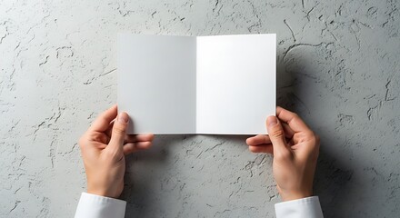 Person holding an open blank white greeting card or brochure with empty pages, ready for text or design, against a textured grey background