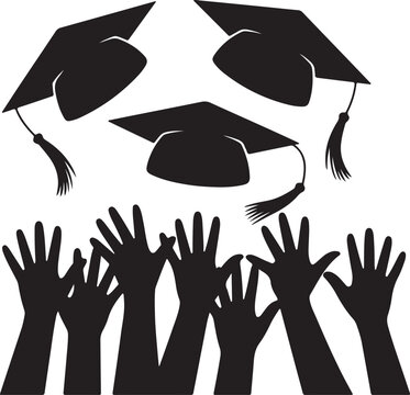 Graduation Caps Tossed in Air with Raised Hands | Celebration of Academic Achievement