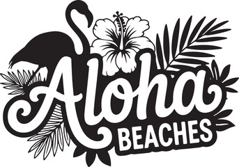 Aloha Beaches Vector Design with Flamingo, Hibiscus, Palm Leaves | Summer Tropical Graphic
